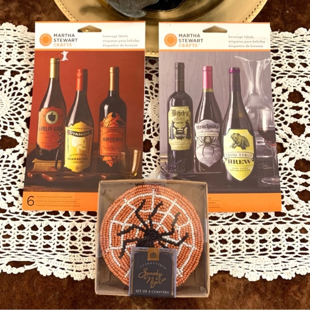 Halloween beverage labels (2 packages) and beaded spider coasters - Picture 1 of 11